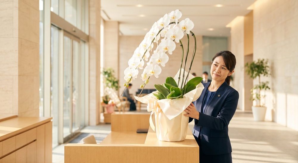 オフィスの受付カウンターで大きな白い胡蝶蘭の鉢を抱え、置き場所に困っている受付の女性